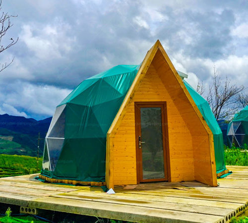 Glamping dome tent with A-frame cabin look door