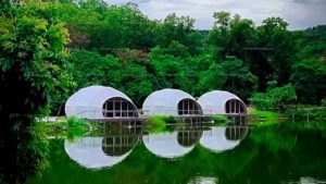Luxury WaterDrop Glamping Tent by Lake