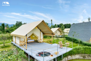 Safari Tent, deck and spring tub-pond